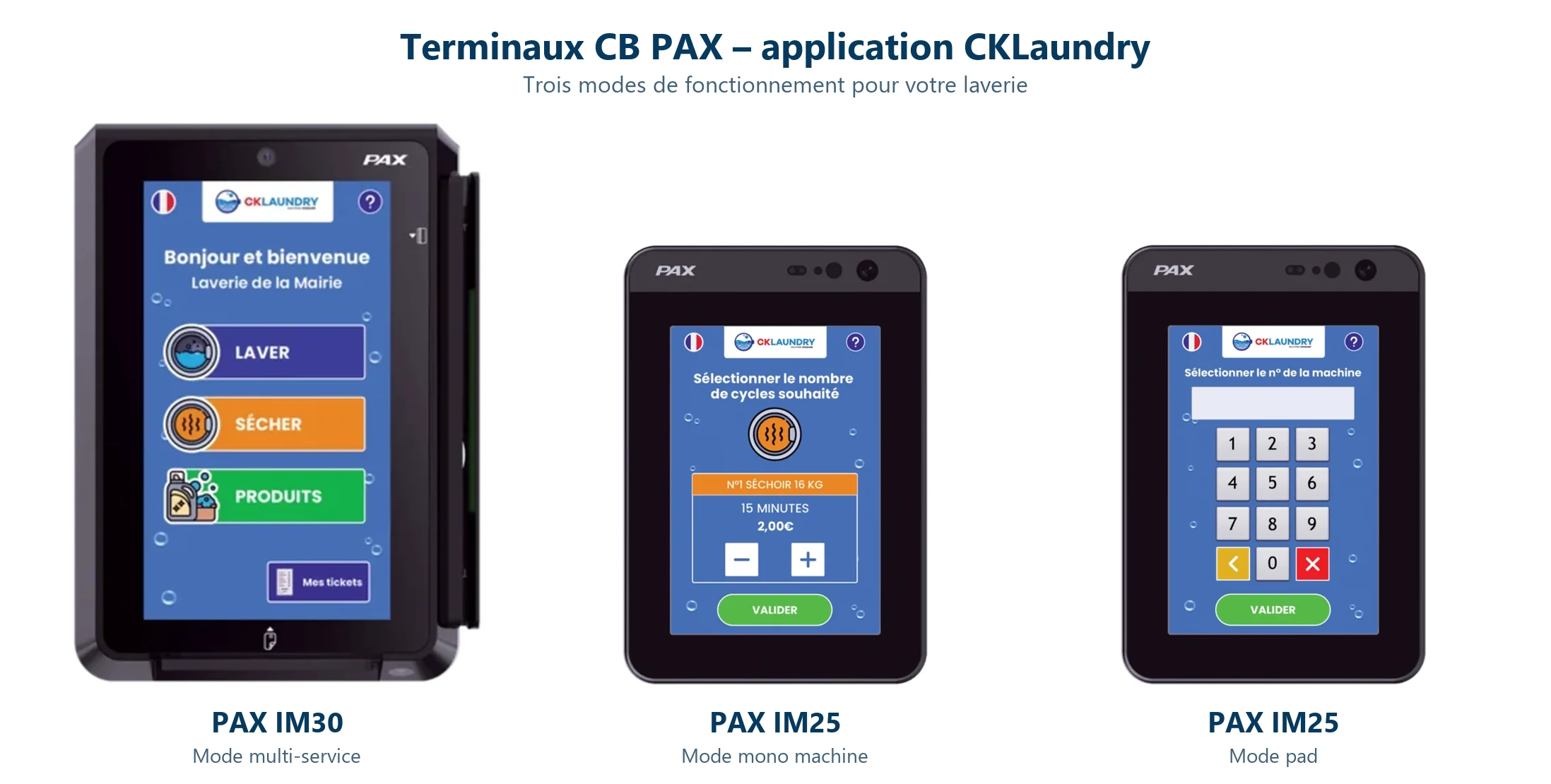Terminaux CB PAX avec application CKLaundry : IM30 en mode multi-service, IM25 en modes mono machine et pad pour laverie